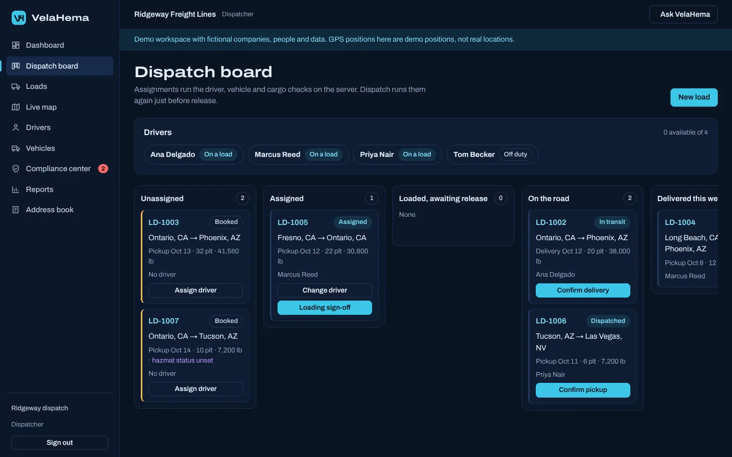 Dispatch board with loads grouped by stage and driver availability