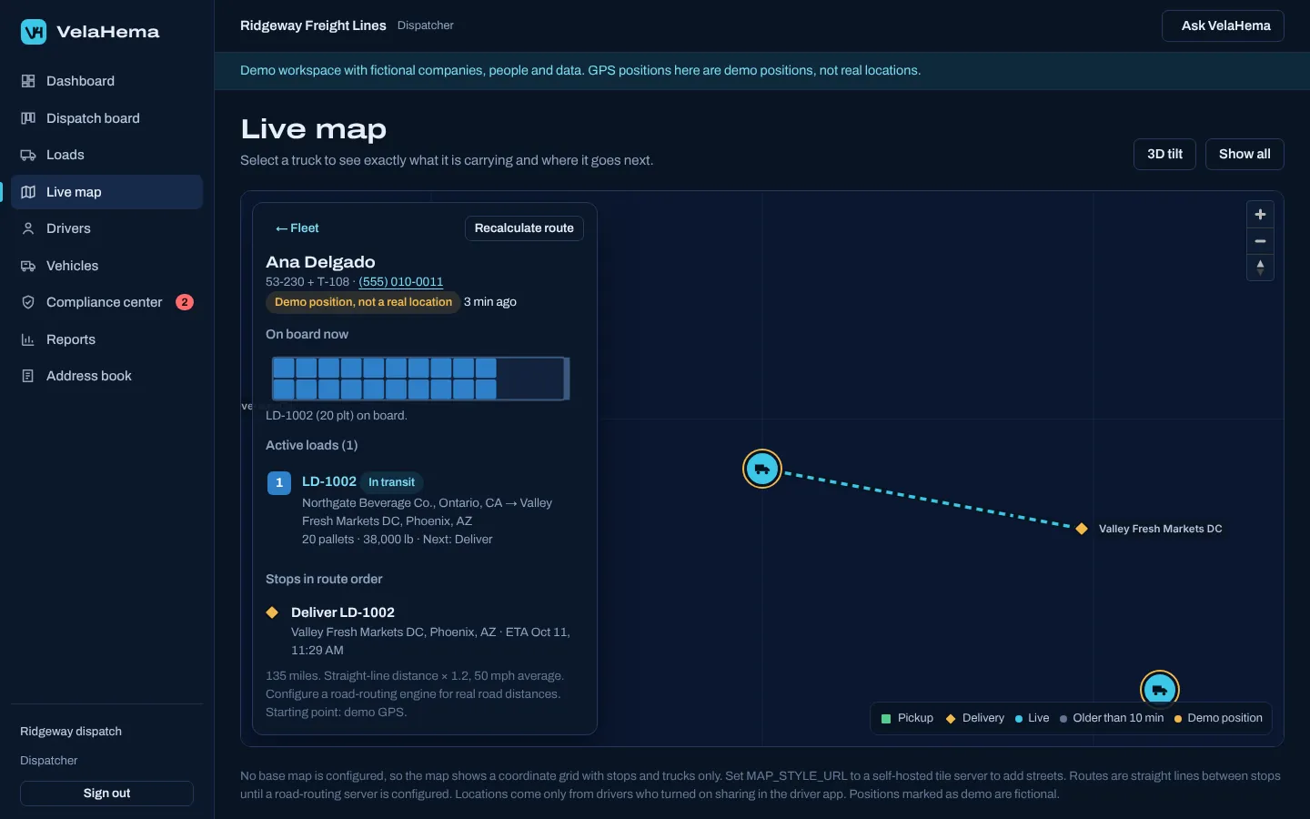 Live map with a selected truck, what it carries, and its stops in route order