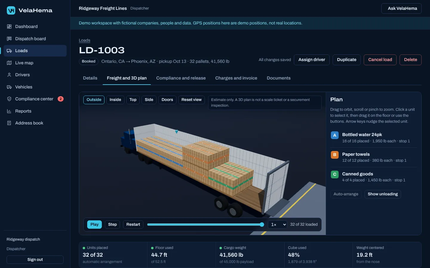 3D load plan of a 53-foot van with axle estimates